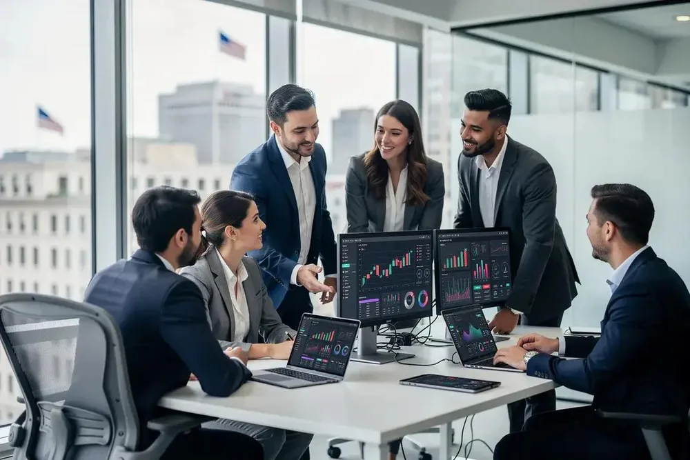 Banking and finance team reviewing financial charts in a meeting
