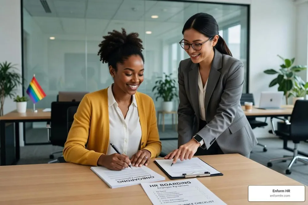 HR representative assisting an employee with contract documentation