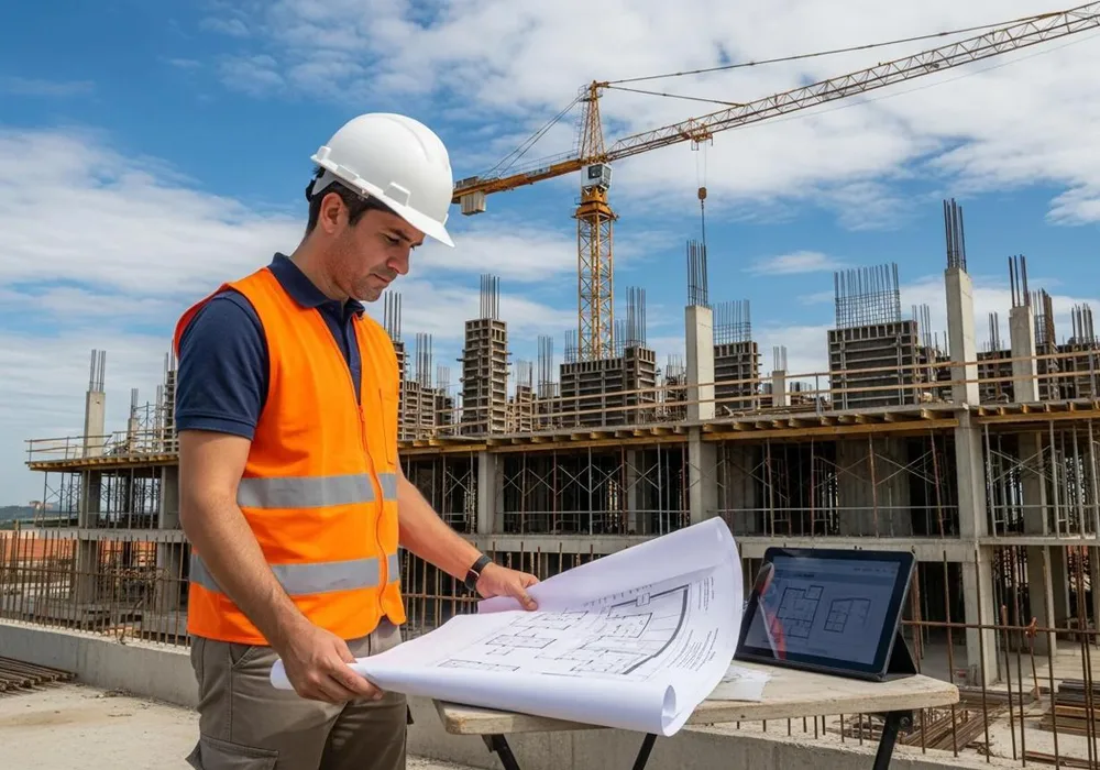 Engineer reviewing project blueprints on a construction site
