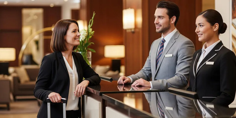 Hotel front-desk staff assisting a guest at reception