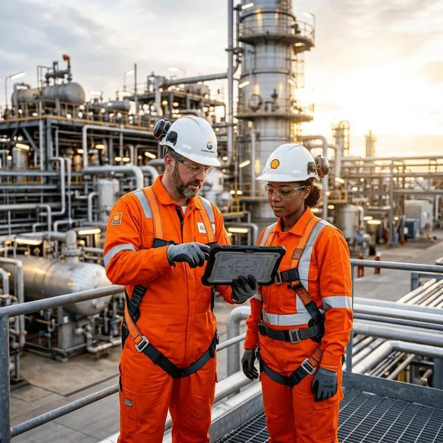 Oil and gas technicians reviewing operations at an industrial plant