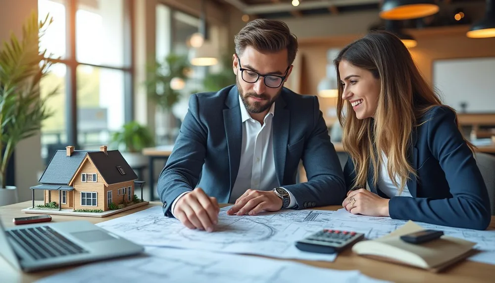Real estate consultants reviewing property plans with a house model