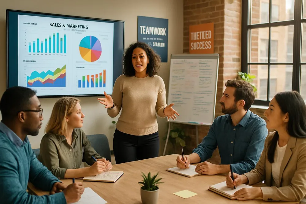 Sales and marketing team discussing campaign performance