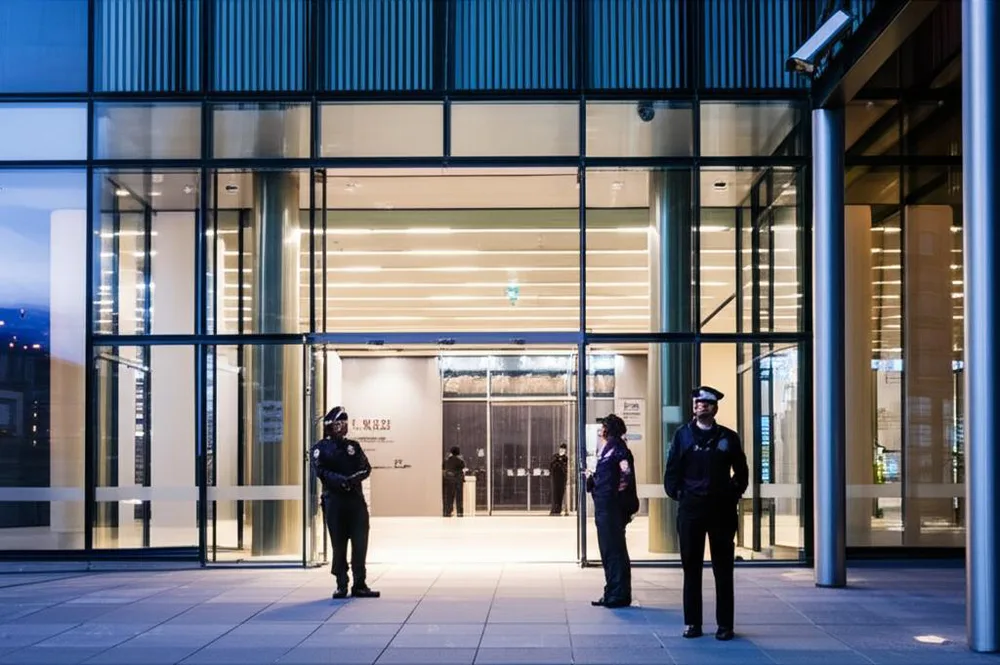 Security personnel stationed at a corporate building entrance